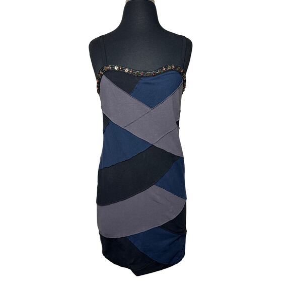 Free People Patchwork Sleeveless Bodycon Mini Dress Beaded Neckline Size L Boho - Picture 1 of 11